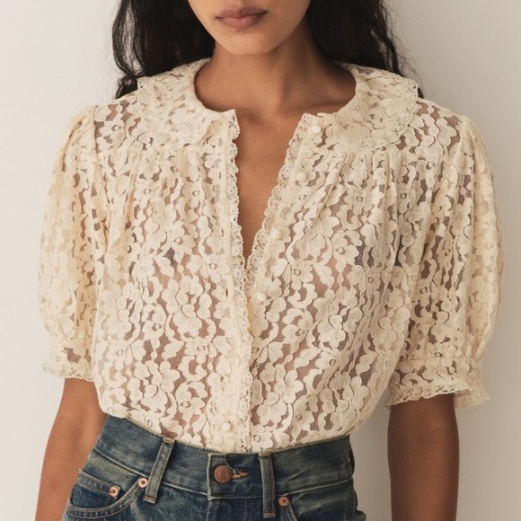 Doen Tops - Doen Lenore Lace Collar Button Ruffle Short Sleeve Top Mother of Pearl Cream Tan
